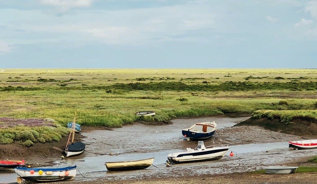 Small boats resting on the mud in a tidal creek at low water, surrounded by green saltmarsh with purple sea lavender in flower