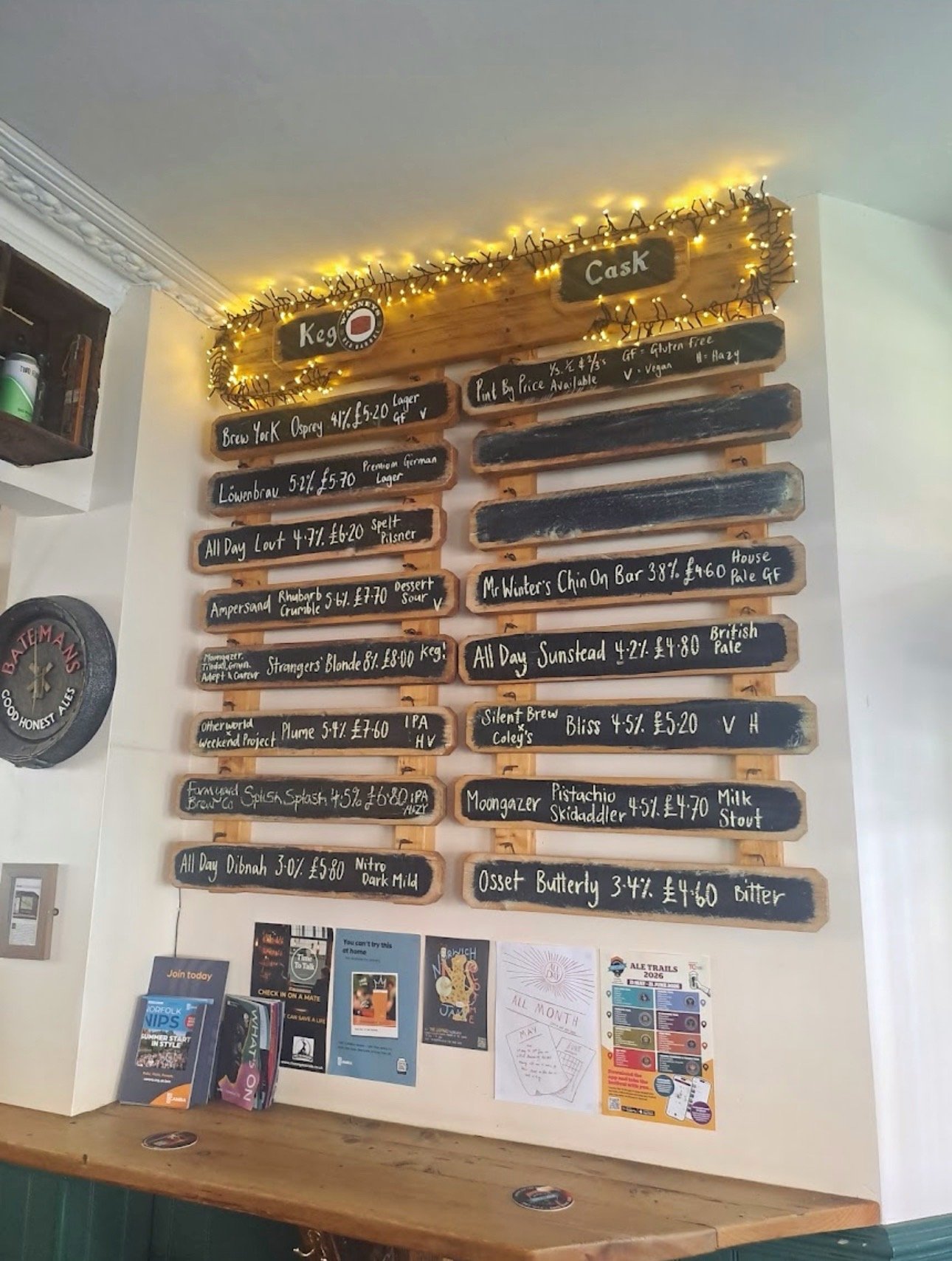 The keg and cask board at the Leopard in Norwich, chalked up with prices, strengths and styles